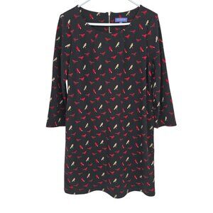 Vivienne Tam Size 12 Dress Black Red Bird Print 3/4 Sleeve Shift